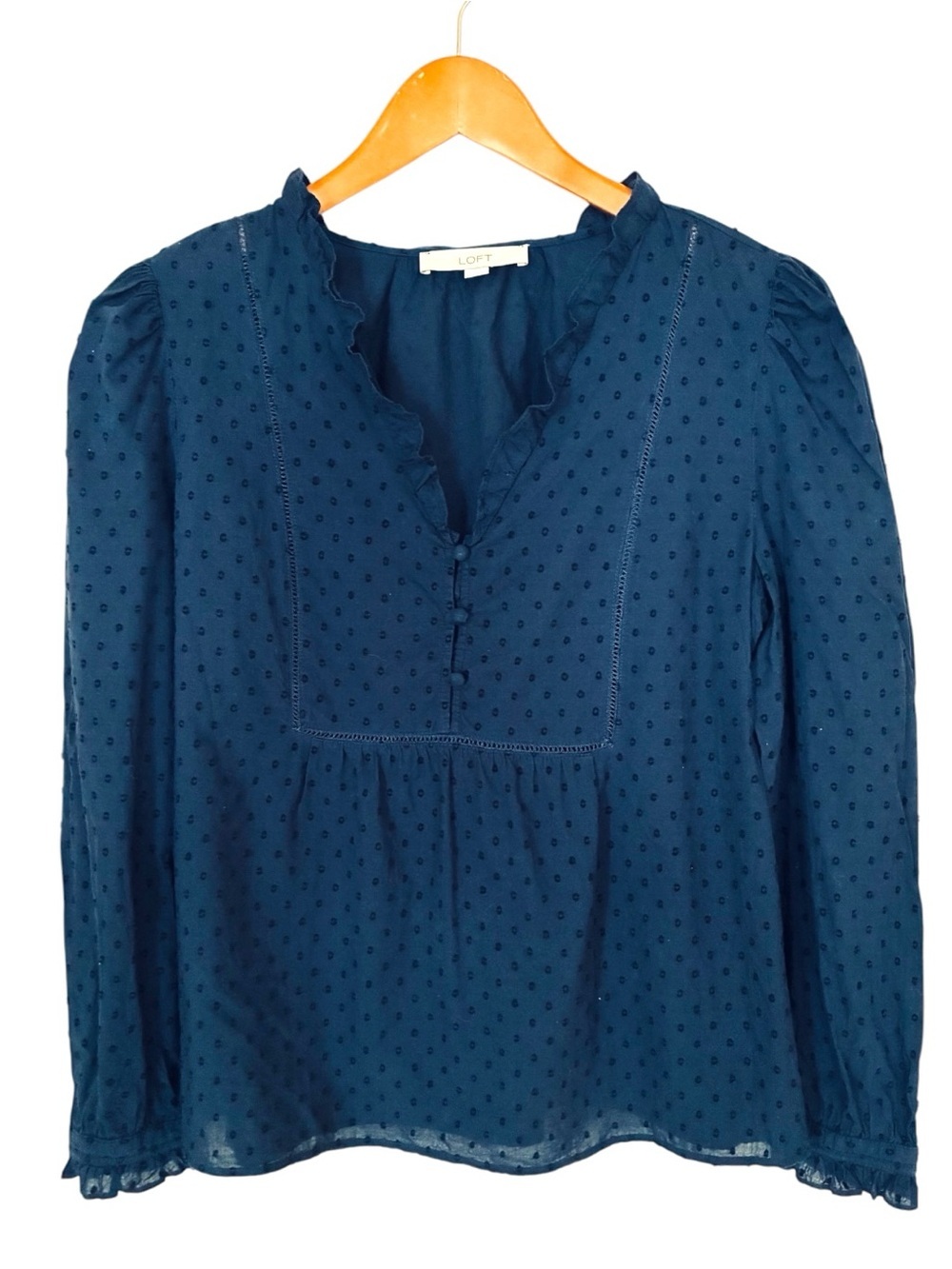 Ann Taylor LOFT Sz SMALL Navy Swiss Dot V-Neck Ruffle Trim Babydoll Blouse Top - Picture 5 of 11